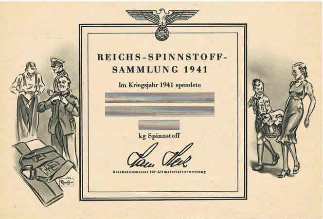 Donation certificate textile for war industry 1941