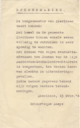 Leaflet Zierikzee Holland evacuation of the city