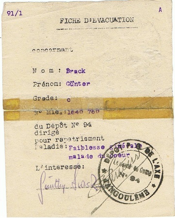 Evacuation document POW camp Angouleme France German POW