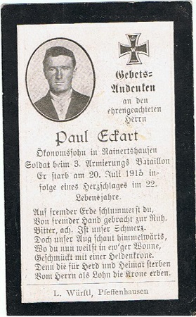 Obituary card soldier 3.Armierungs-Bataillon heart attack 1915