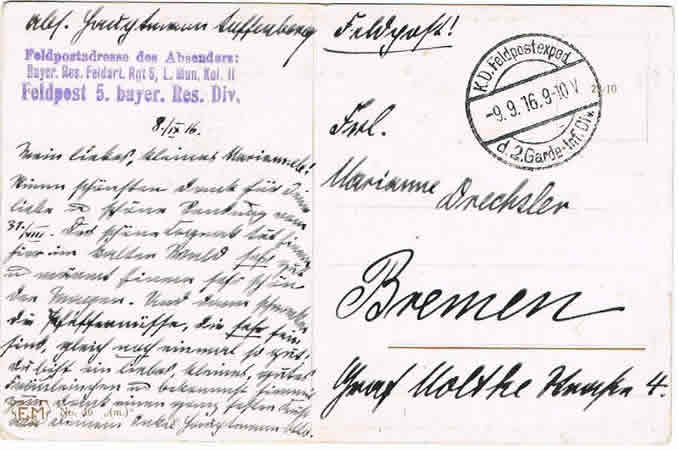 Fieldpost card Prinz Leopold 1916 Hauptmann 5.Reserve-Division - Image 2