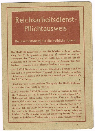 RAD WJ Pflicht-Ausweis duty licence 1943 Recklinghausen