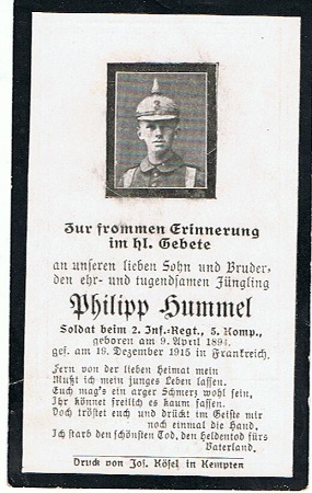 Obituary card soldier Infanterie-Regiment KIA 1915 France