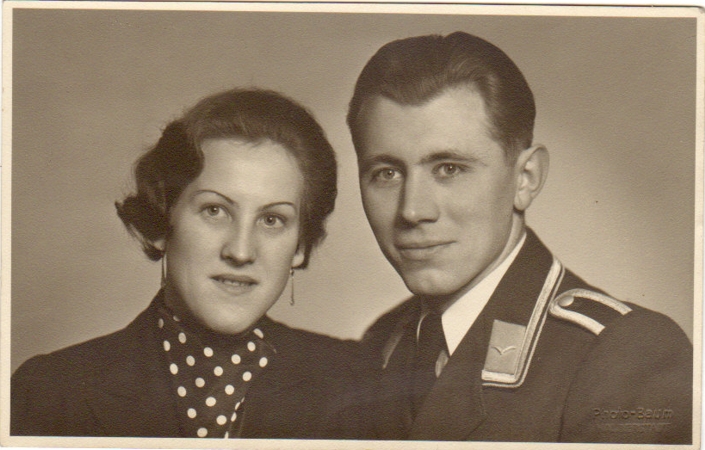 Postcard sized portrait NCO Luftwaffe with wife Halberstadt