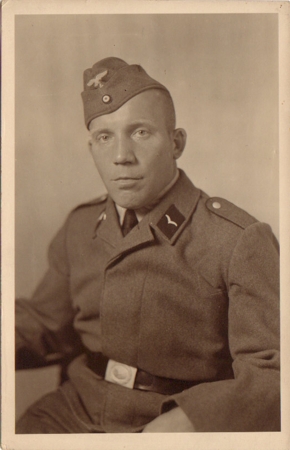 Postcard sized portrait soldier Luftwaffe building unit