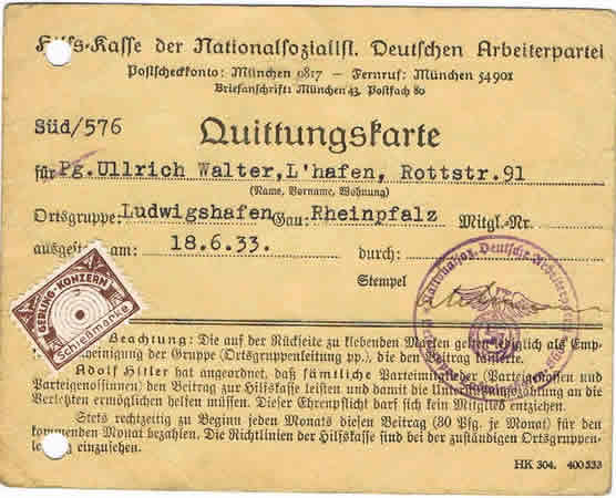 NSDAP Quittungskarte contribution card Gau Rheinpfalz 1933