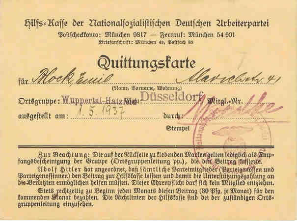 NSDAP Quittungskarte contribution card Gau Düsseldorf 1937