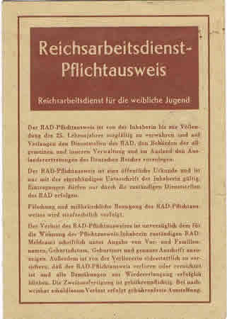 RAD WJ Pflicht-Ausweis duty licence 1943