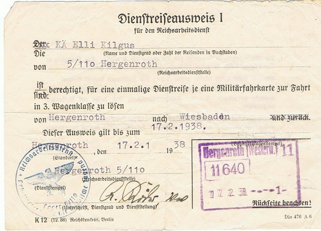 RAD WJ train ticket Hergenroth 1938