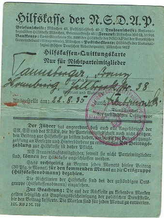 NSDAP Quittungskarte contribution card Hamburg 1935