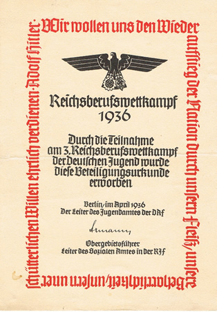 DAF Deutsche Jugend contest certificate 1936