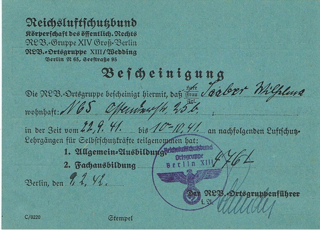 Luftschutz course participation card Berlin Wedding 1941