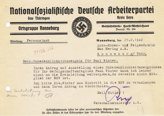 NSDAP document Personalamt Ortsgruppe Ronneburg 1942