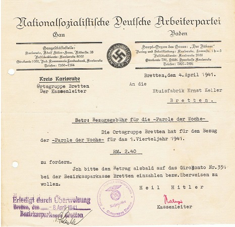 NSDAP invoice Parole der Woche Gau Baden Bretten 1941