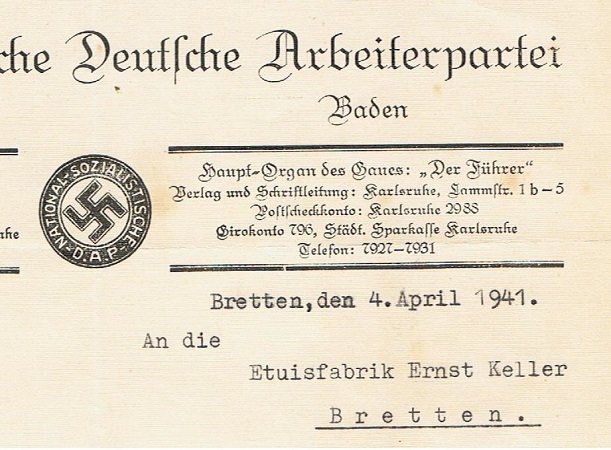 NSDAP invoice Parole der Woche Gau Baden Bretten 1941 - Image 2