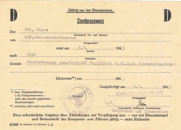 Travel permit 1943 woman KdF Wehrmacht Tournee