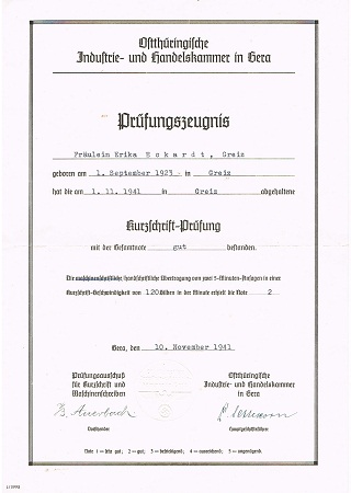 Steno certificate 1941 Industrie und Handelskammer Gera