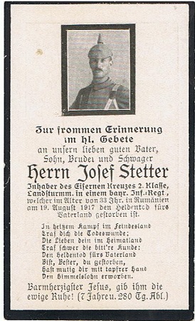 Obituary card Landsturmmann Bavarian Infanterie Rumania 1917