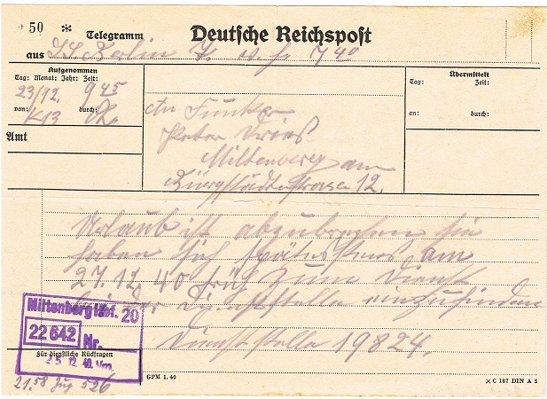 Deutsche Reichspost Telegramm Mittenberg 1940