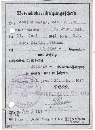 NSKK wood gas generator licence 1944 Motorgruppe Leipzig