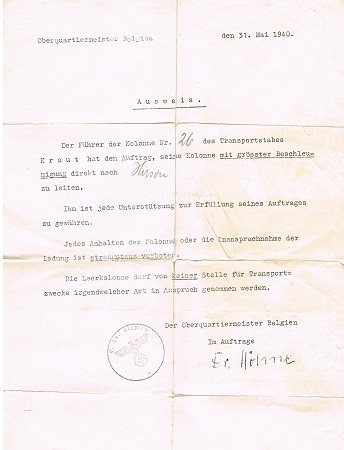 Special transport ducument Transportgruppe 1940 Belgium