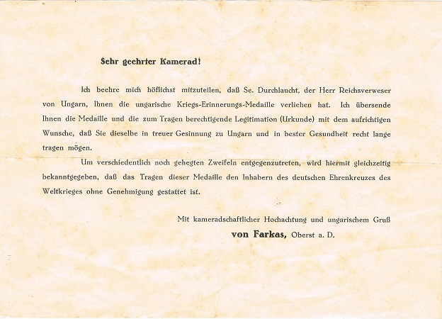 Award document Hungarian war remembrance medal
