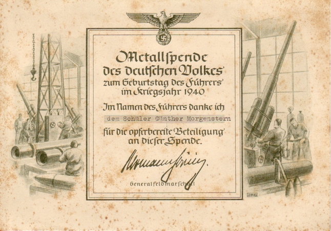 Certificate for the donation of metal 1940 #2 school boy