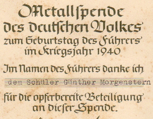 Certificate for the donation of metal 1940 #2 school boy - Image 2