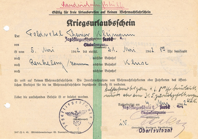 Vacation permit 1942 Jagdfliegerschule 2 Zerbst