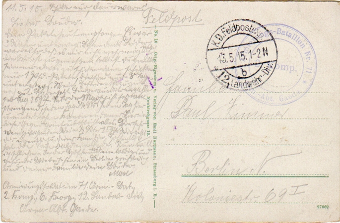 Fieldpost card Colmar Vogesen 1915 12.Landw.-Div. - Image 2