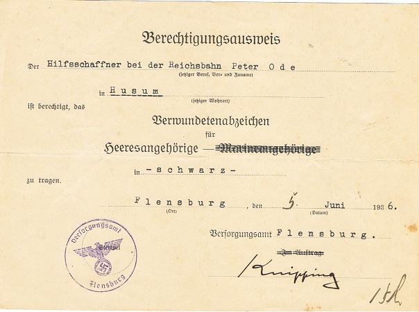 WW1 wound badge black Reichsbahn employee 1936
