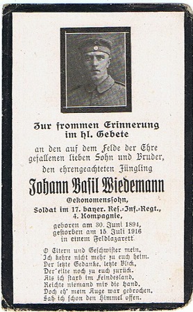 Obituary card soldier 17.Res.Infanterie-Regiment 1916 Wavrin