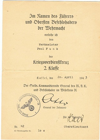 War merit cross 2nd class Kassel 1943