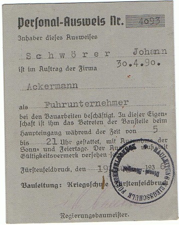 Construction site ID card Luftwaffe school Fürstenfeldbruck 1937