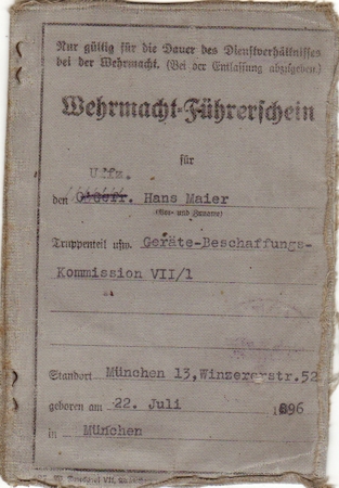 Wehrmacht drivers license Unteroffizier Munich 1940-1942