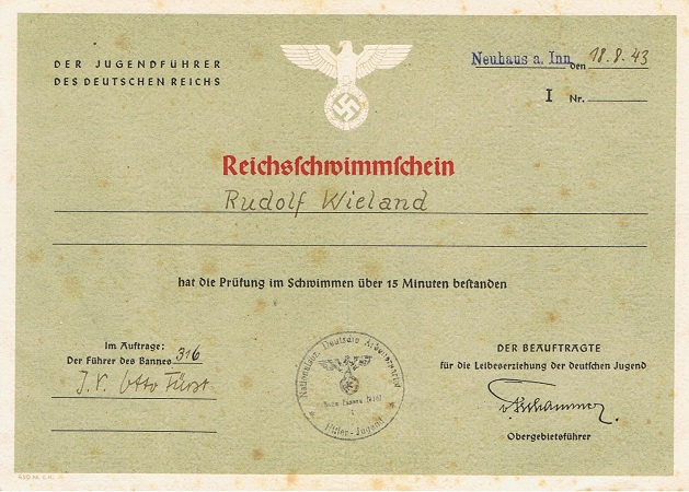 Swimming certificate grade I HJ boy Passau 1943