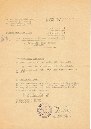 NSDAP letter Reichspropaganda-Leitung Hauptamt München 1944
