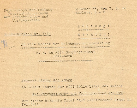 NSDAP letter Reichspropaganda-Leitung Hauptamt München 1944 - Image 2