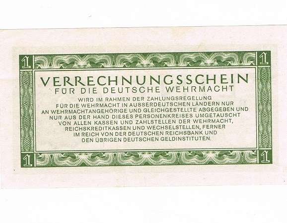 Wehrmacht Verrechnungs Schein 1 Reichsmark 1944 bank note - Image 2