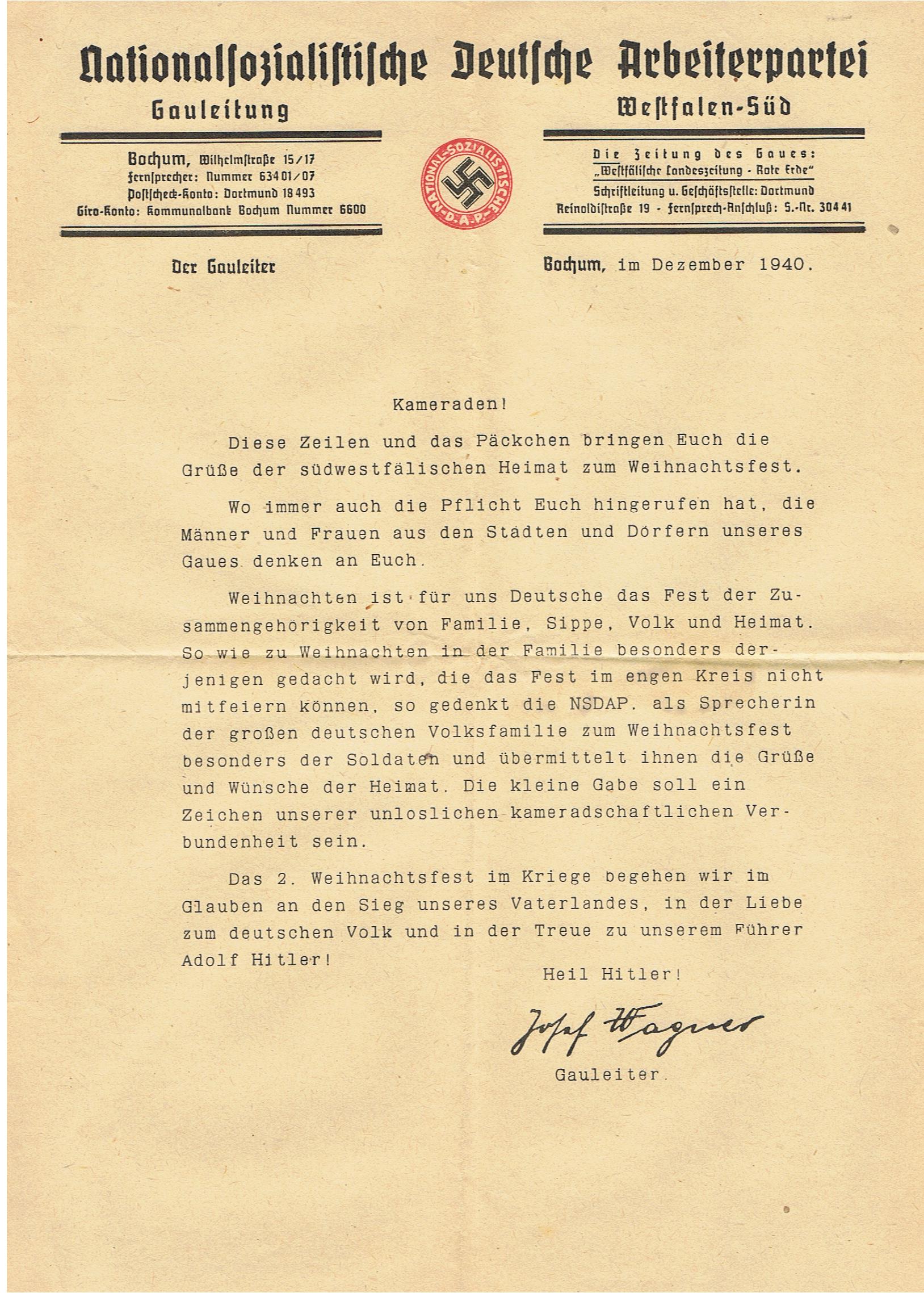 NSDAP Gauleiter Westfalen-Süd Bochum 1940 Christmas