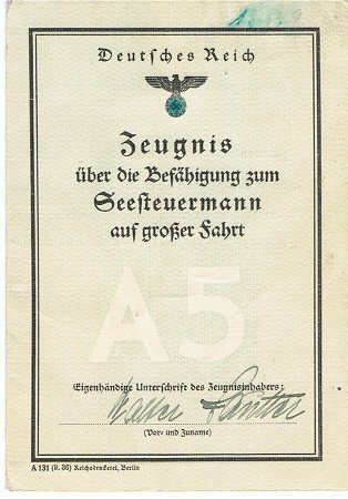 Zeugnis Seesteuermann 1945 high sea navigator license