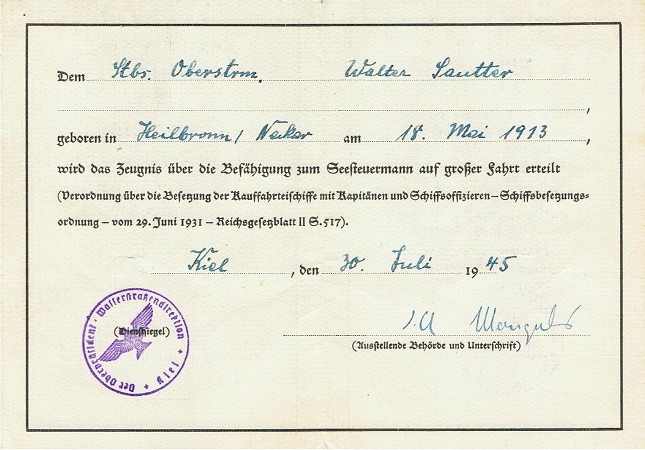 Zeugnis Seesteuermann 1945 high sea navigator license - Image 2