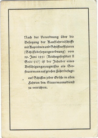 Zeugnis Seesteuermann 1945 high sea navigator license - Image 3