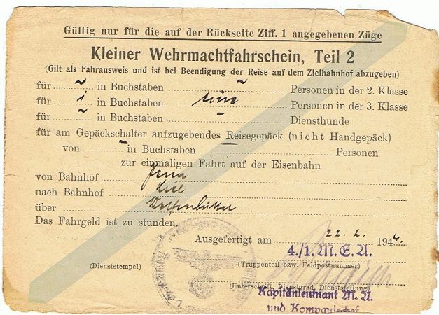 Military train ticket Marine Ersatz-Abteilung Keil 1944