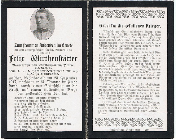 Obituary card KuK Infanterie-Regiment 59 KIA Italy 1917
