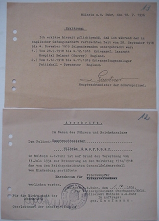 Two documents WW1 combatant German Police POW