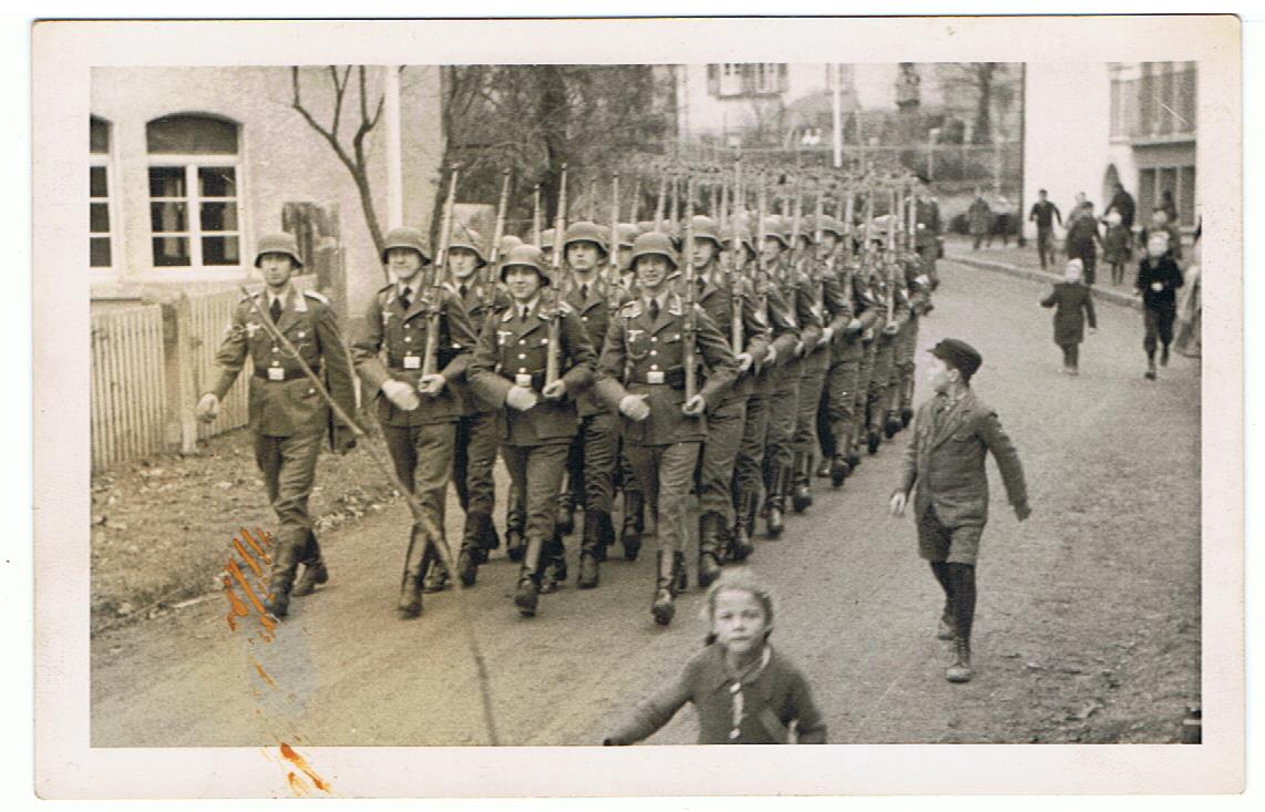 Postcard photo marching Luftwaffe soldiers