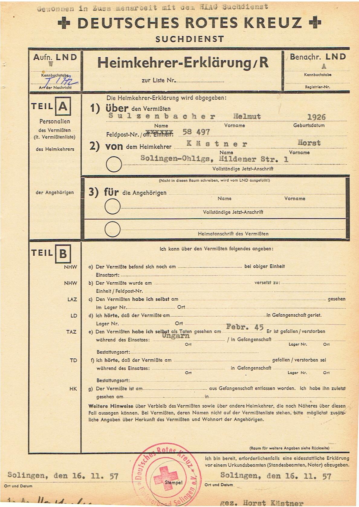 Red cross enquiry 12.SS-Panzer-Division HJ KIA Hungary 1945
