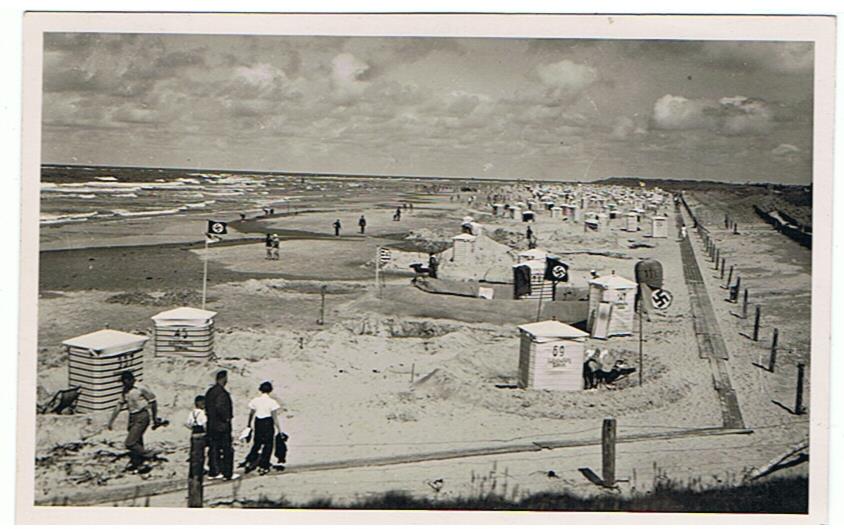 Postcard beach with swastika flags Nordseebad 1937