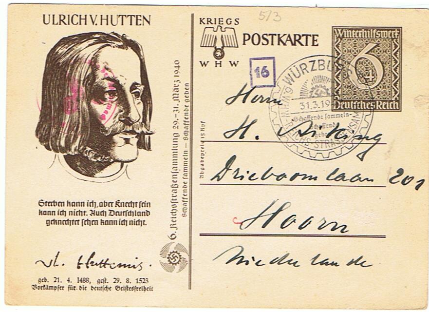Postcard WHW winter help Ulrich von Hutten 1940 Würzburg to Hoorn Netherlands